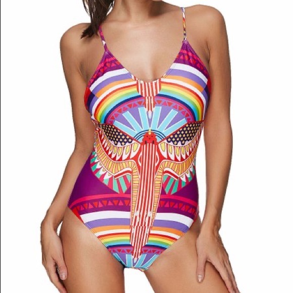 NWT Rainbow Geometric Cross-Back One-Piece, Sz. L(8-10) - Picture 7 of 12
